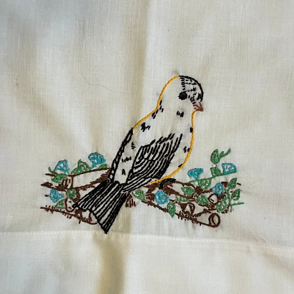 Vintage Pillowcases Pair Embroidered Bird Branch Kmart Kresge 1970s Decor